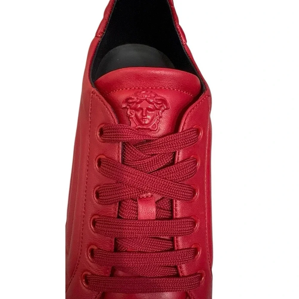 Versace Mens‎ Red Quilted Leather Medusa Greca Low Top Sneakers Shoes